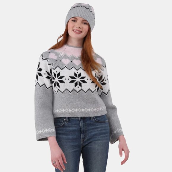 NWT No Boundaries Fairisle Jacquard Heather Gray Sweater & Beanie Set Women’s XS - Picture 1 of 15